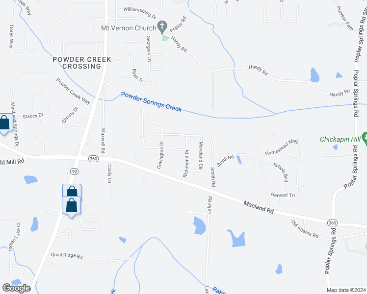map of restaurants, bars, coffee shops, grocery stores, and more near 123 Imperial Drive in Hiram