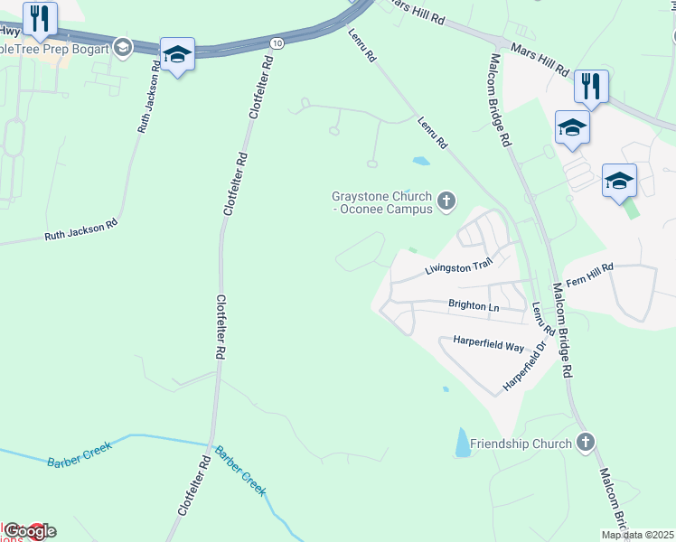 map of restaurants, bars, coffee shops, grocery stores, and more near 1171 Binghampton Circle in Bogart