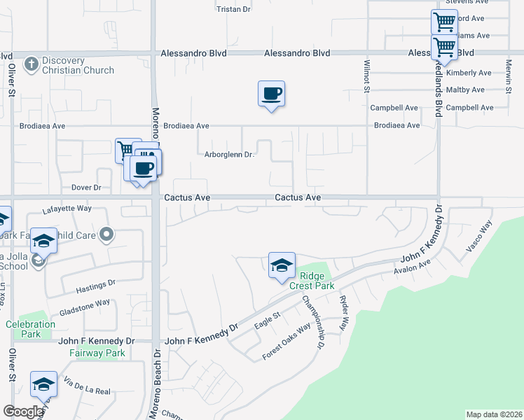 map of restaurants, bars, coffee shops, grocery stores, and more near 28379 Hillsdale Avenue in Moreno Valley