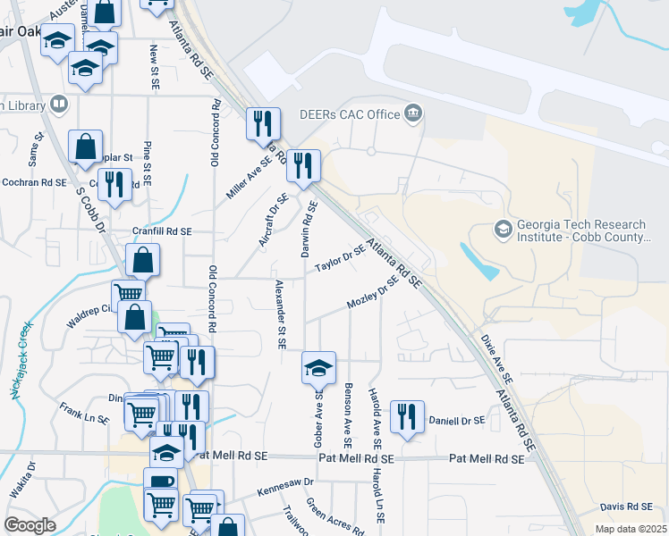 map of restaurants, bars, coffee shops, grocery stores, and more near 732 Taylor Drive Southeast in Smyrna