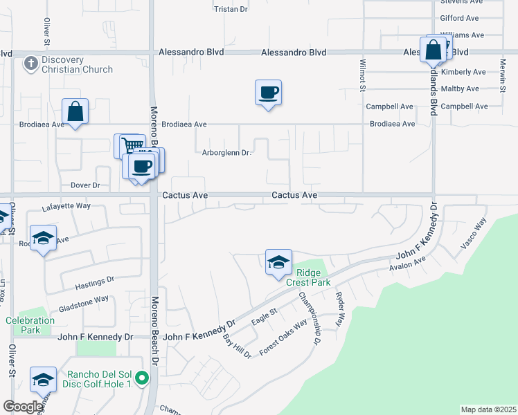 map of restaurants, bars, coffee shops, grocery stores, and more near 28379 Hillsdale Avenue in Moreno Valley