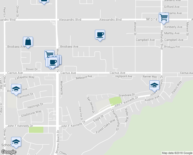 map of restaurants, bars, coffee shops, grocery stores, and more near 28379 Hillsdale Avenue in Moreno Valley
