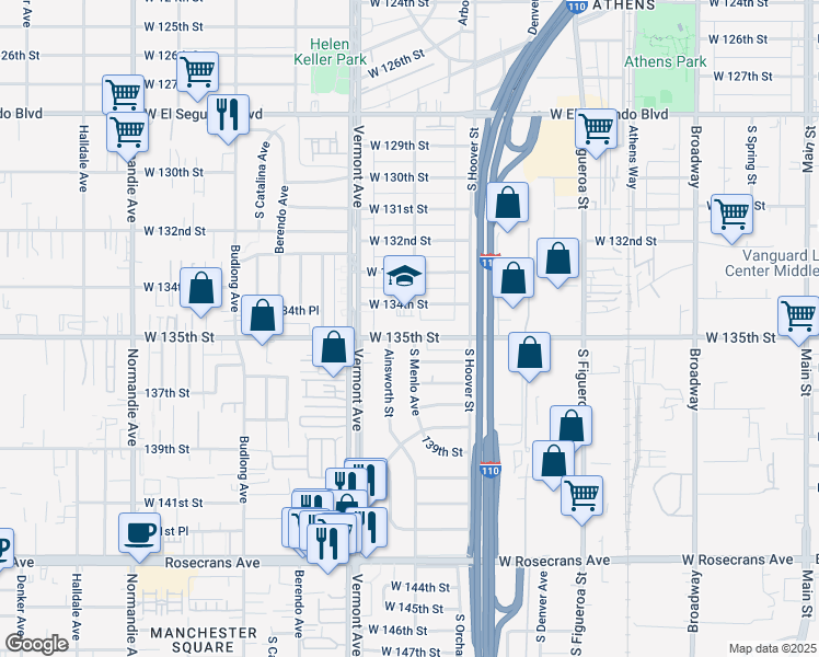map of restaurants, bars, coffee shops, grocery stores, and more near 801 West 135th Street in Gardena