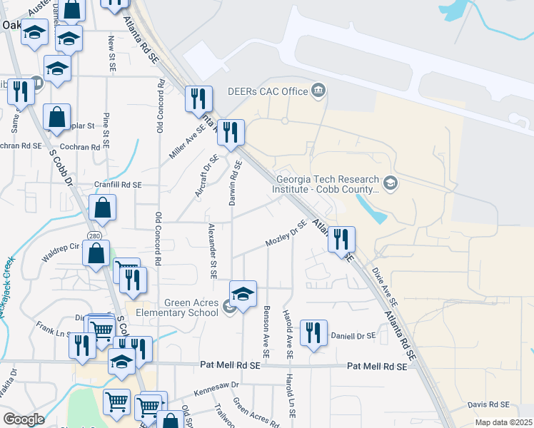 map of restaurants, bars, coffee shops, grocery stores, and more near 1772 Martin Place in Smyrna