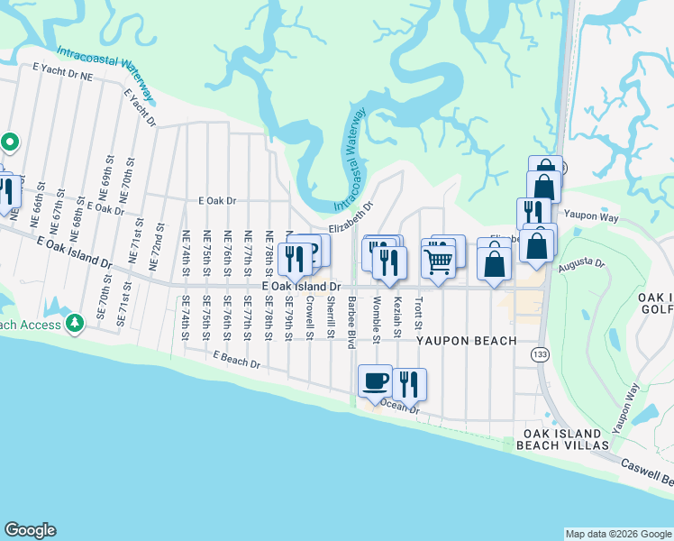 map of restaurants, bars, coffee shops, grocery stores, and more near 404 Sherrill Street in Oak Island