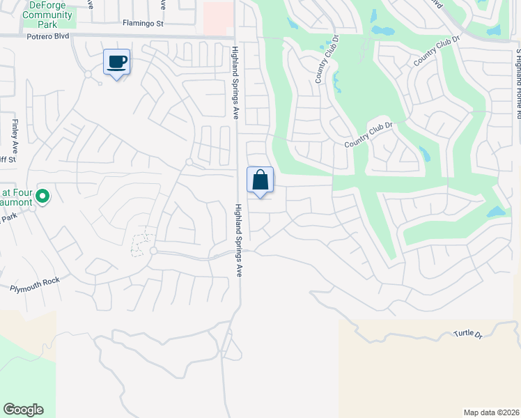 map of restaurants, bars, coffee shops, grocery stores, and more near 6297 Sawgrass Drive in Banning