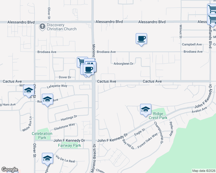 map of restaurants, bars, coffee shops, grocery stores, and more near 28070 Belleterre Avenue in Moreno Valley