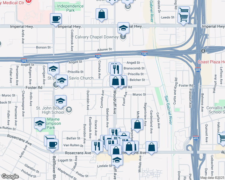map of restaurants, bars, coffee shops, grocery stores, and more near 13407 Woodruff Avenue in Bellflower