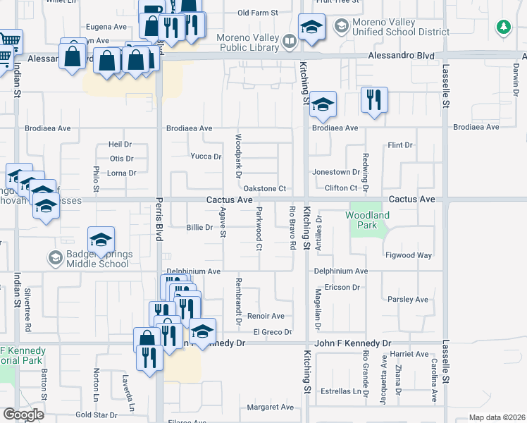 map of restaurants, bars, coffee shops, grocery stores, and more near 14534 Parkwood Court in Moreno Valley