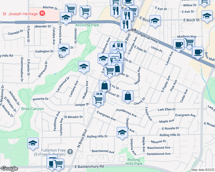 map of restaurants, bars, coffee shops, grocery stores, and more near 727 South Brea Boulevard in Brea