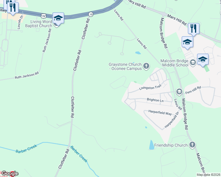 map of restaurants, bars, coffee shops, grocery stores, and more near 1181 Binghampton Circle in Bogart