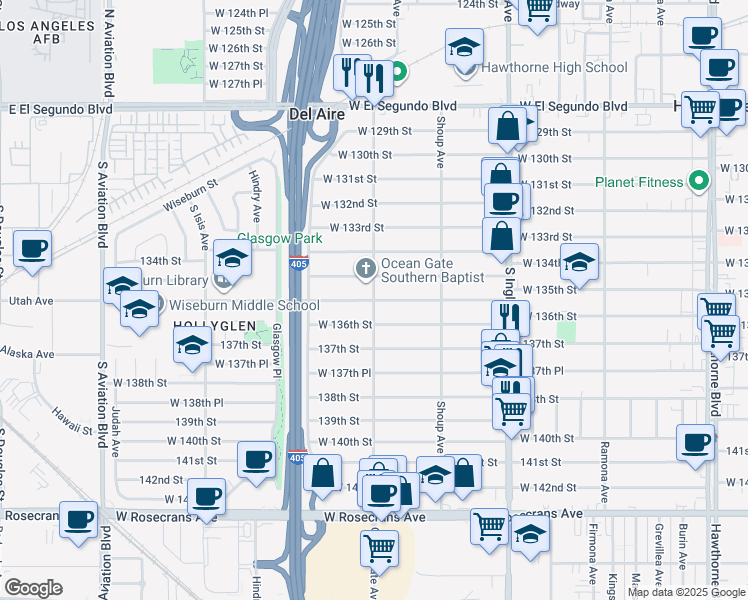 map of restaurants, bars, coffee shops, grocery stores, and more near W 135th St & Ocean Gate Ave in Hawthorne