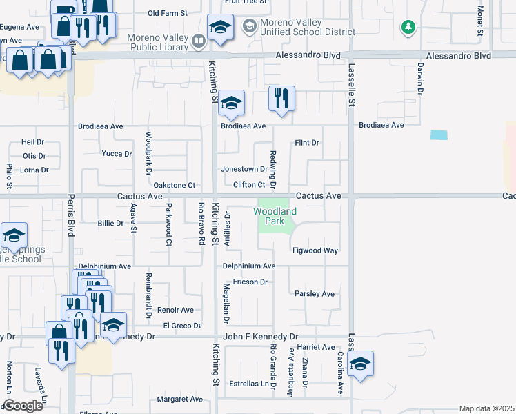 map of restaurants, bars, coffee shops, grocery stores, and more near 14500 Rio Hondo Drive in Moreno Valley