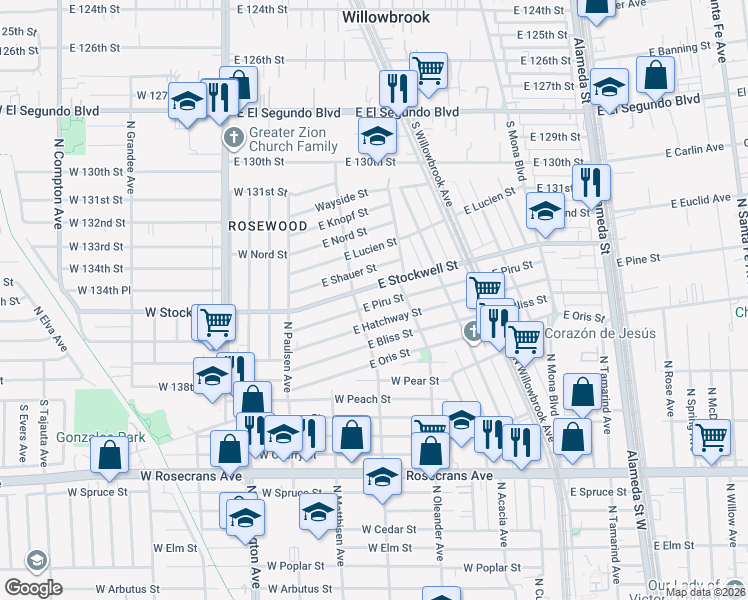 map of restaurants, bars, coffee shops, grocery stores, and more near 2104 East Piru Street in Compton