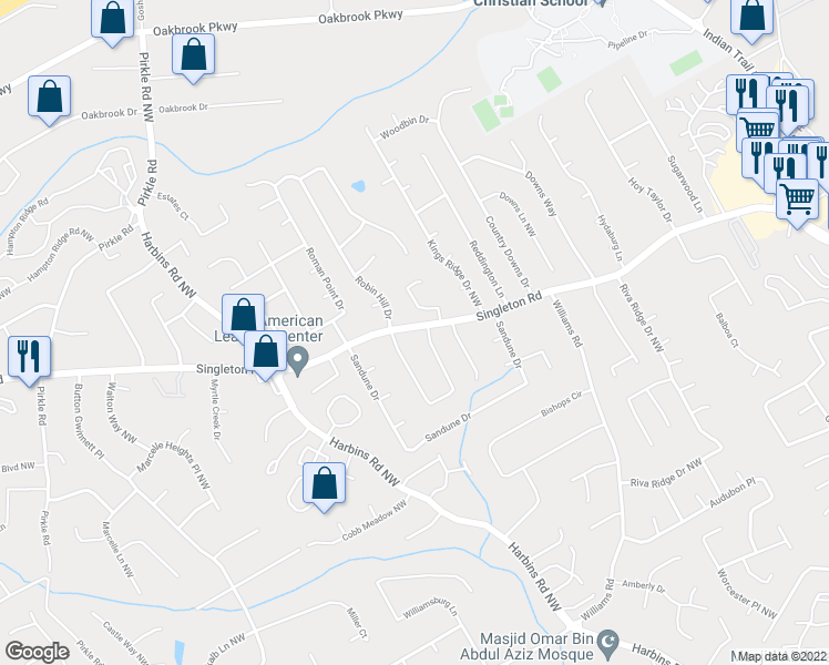 map of restaurants, bars, coffee shops, grocery stores, and more near 1280 Singleton Valley Circle in Norcross