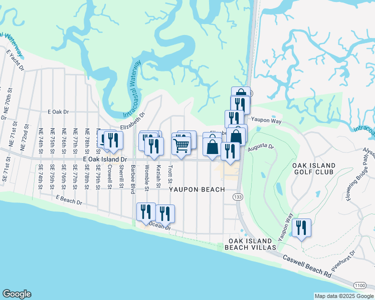 map of restaurants, bars, coffee shops, grocery stores, and more near 8610 East Oak Island Drive in Oak Island