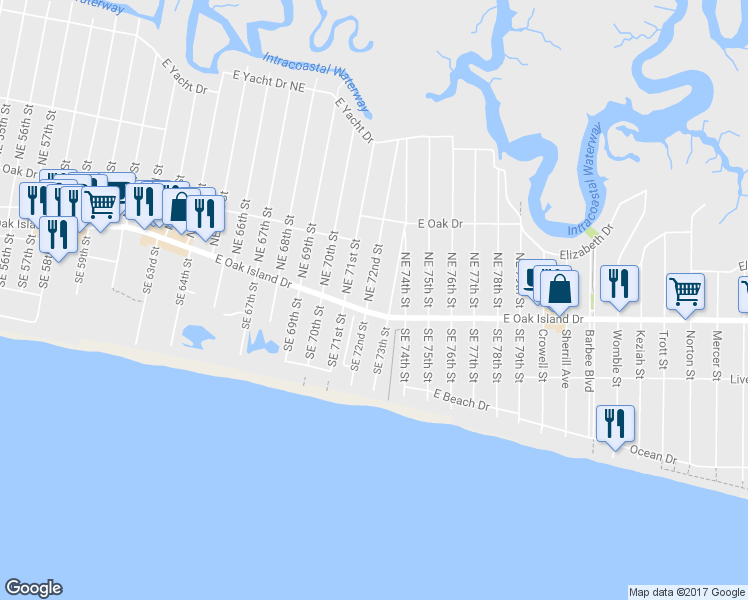 map of restaurants, bars, coffee shops, grocery stores, and more near 102 Northeast 72nd Street in Oak Island