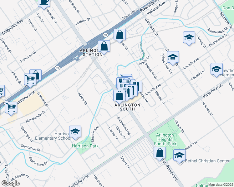 map of restaurants, bars, coffee shops, grocery stores, and more near 3000 Van Buren Boulevard in Riverside