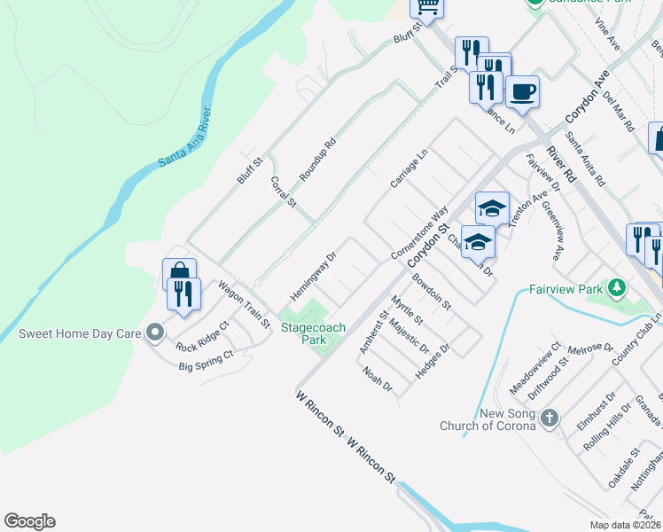 map of restaurants, bars, coffee shops, grocery stores, and more near 2152 Browning Circle in Corona