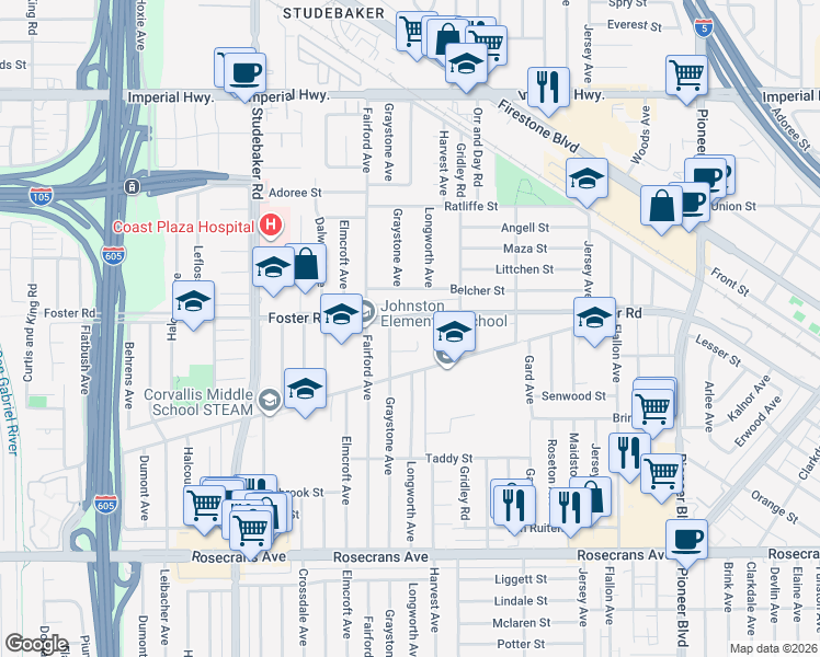 map of restaurants, bars, coffee shops, grocery stores, and more near 11241 Hoback Street in Norwalk