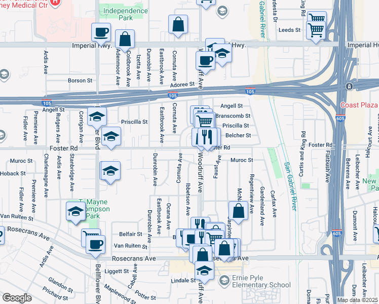 map of restaurants, bars, coffee shops, grocery stores, and more near 10019 Muroc Street in Bellflower