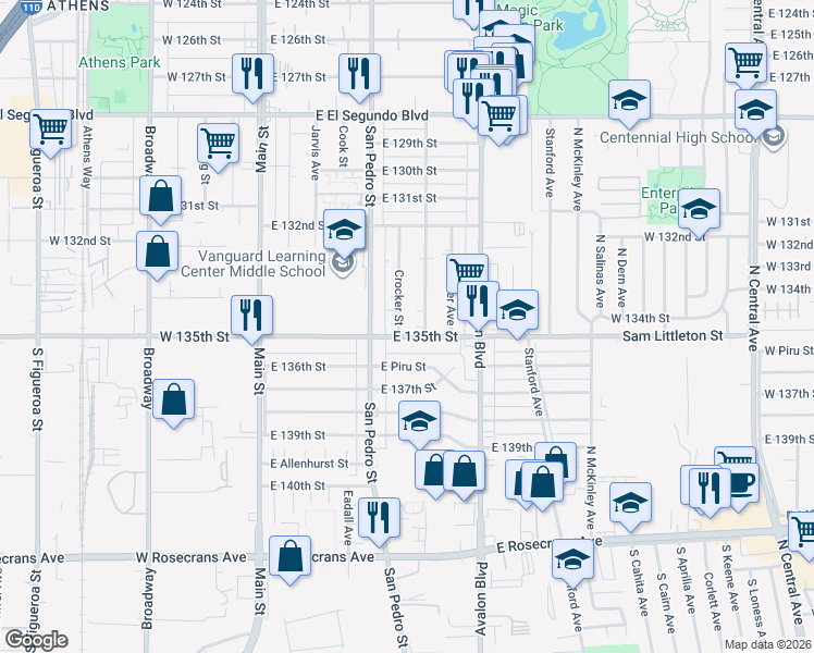 map of restaurants, bars, coffee shops, grocery stores, and more near 13426 Crocker Street in Los Angeles