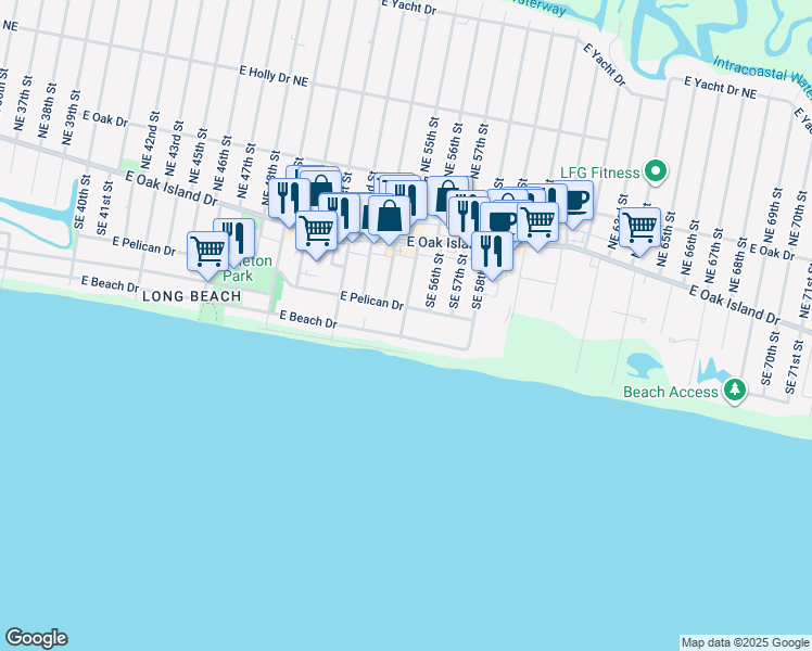 map of restaurants, bars, coffee shops, grocery stores, and more near 204 Southeast 55th Street in Oak Island