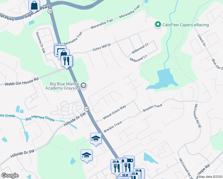 map of restaurants, bars, coffee shops, grocery stores, and more near 401 Ash Trace Lane in Grayson