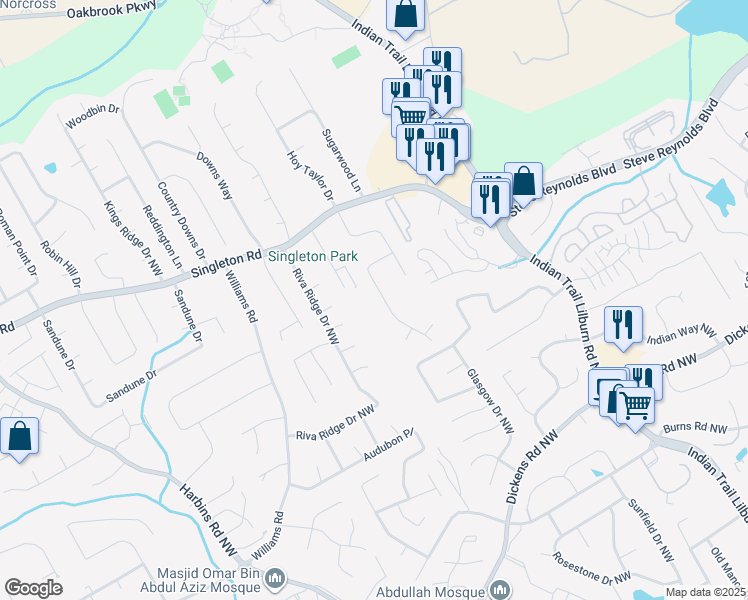 map of restaurants, bars, coffee shops, grocery stores, and more near 1153 Balboa Court in Norcross