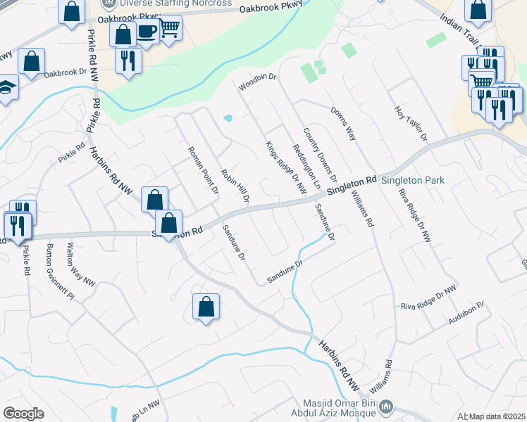 map of restaurants, bars, coffee shops, grocery stores, and more near 1280 Singleton Valley Circle in Norcross