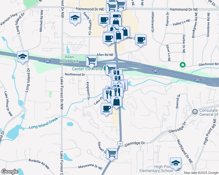 map of restaurants, bars, coffee shops, grocery stores, and more near 5685 Lake Placid Drive Northeast in Atlanta