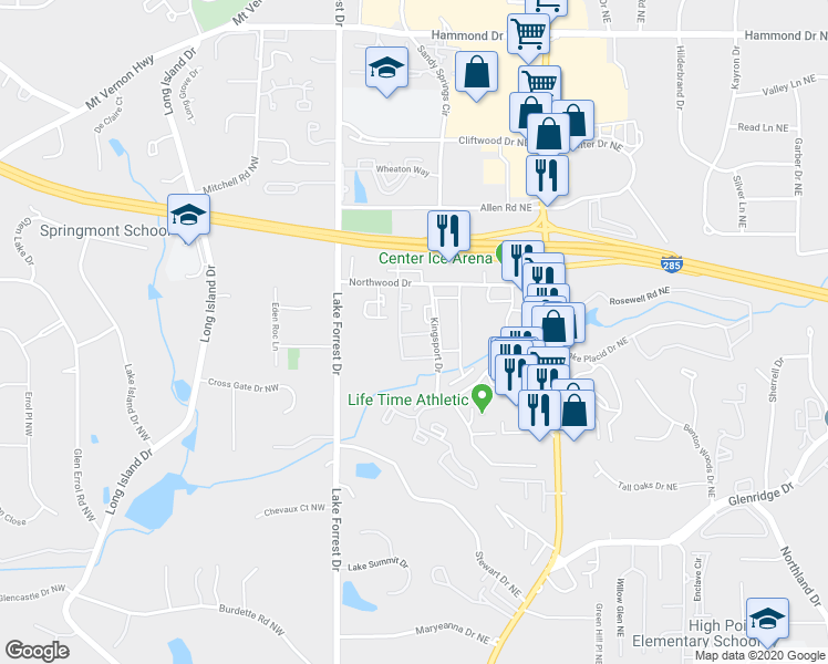 map of restaurants, bars, coffee shops, grocery stores, and more near 5560 Kingsport Drive in Atlanta