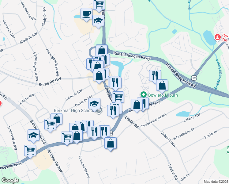 map of restaurants, bars, coffee shops, grocery stores, and more near 440 Pleasant Hill Road in Lilburn
