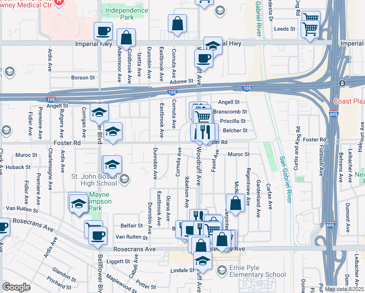 map of restaurants, bars, coffee shops, grocery stores, and more near 10004 Foster Road in Bellflower