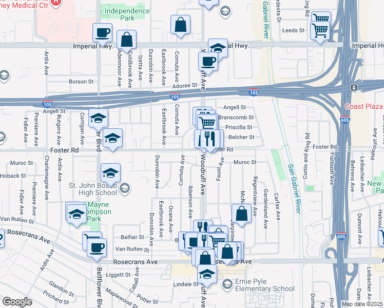 map of restaurants, bars, coffee shops, grocery stores, and more near 10018 Foster Road in Bellflower
