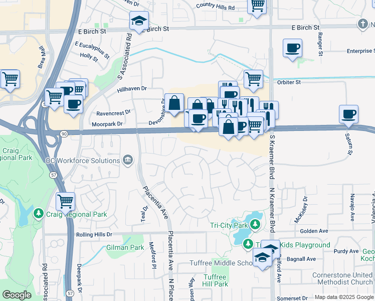 map of restaurants, bars, coffee shops, grocery stores, and more near 2938 Arboridge Court in Fullerton