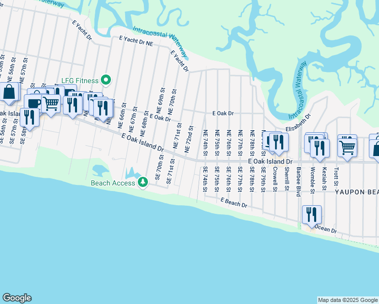 map of restaurants, bars, coffee shops, grocery stores, and more near 102 Northeast 72nd Street in Oak Island