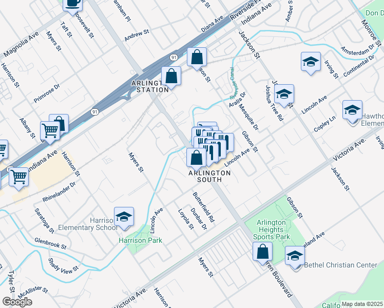 map of restaurants, bars, coffee shops, grocery stores, and more near 3000 Van Buren Boulevard in Riverside
