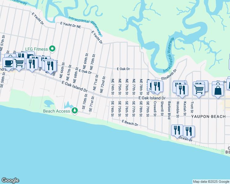 map of restaurants, bars, coffee shops, grocery stores, and more near 101 Northeast 75th Street in Oak Island