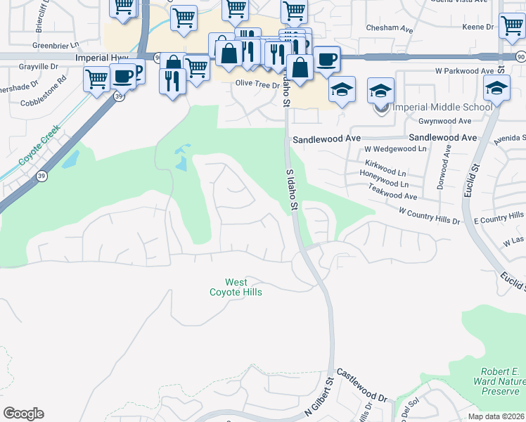 map of restaurants, bars, coffee shops, grocery stores, and more near 1861 South Watson Street in La Habra