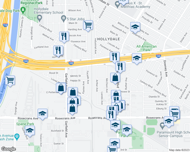 map of restaurants, bars, coffee shops, grocery stores, and more near 13849 1/2 Arthur Avenue in Paramount
