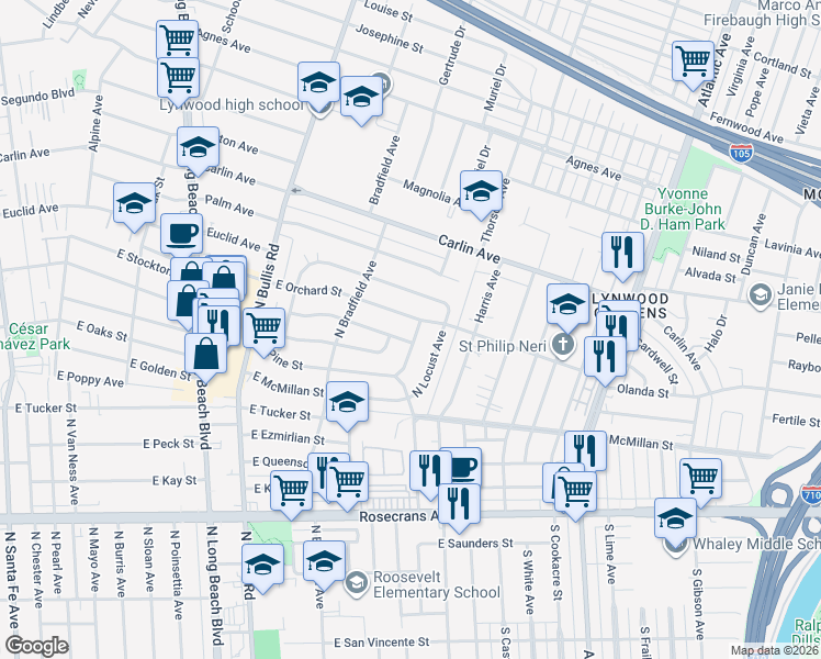 map of restaurants, bars, coffee shops, grocery stores, and more near 2205 North Pannes Avenue in Compton