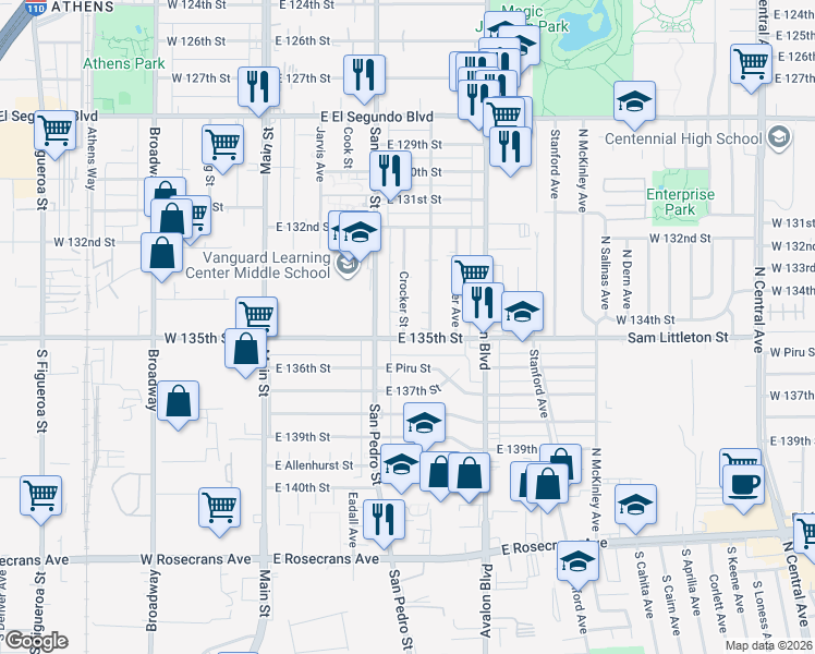 map of restaurants, bars, coffee shops, grocery stores, and more near 13426 Crocker Street in Los Angeles