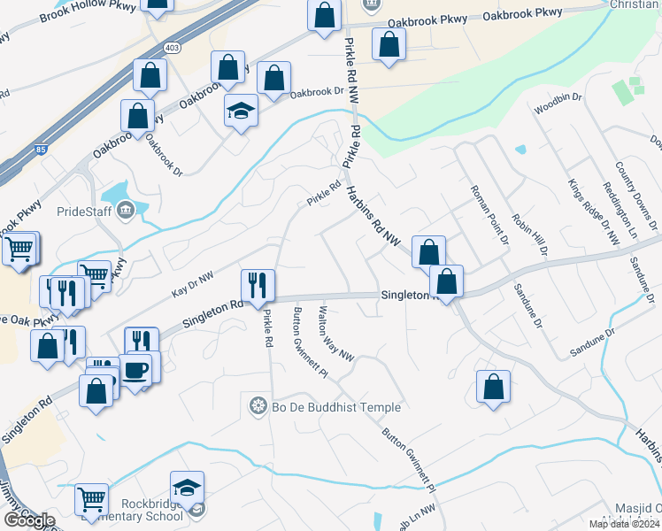 map of restaurants, bars, coffee shops, grocery stores, and more near 1472 Stonewood Drive Northwest in Norcross
