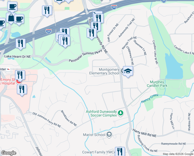 map of restaurants, bars, coffee shops, grocery stores, and more near 1262 Chaucer Lane Northeast in Atlanta