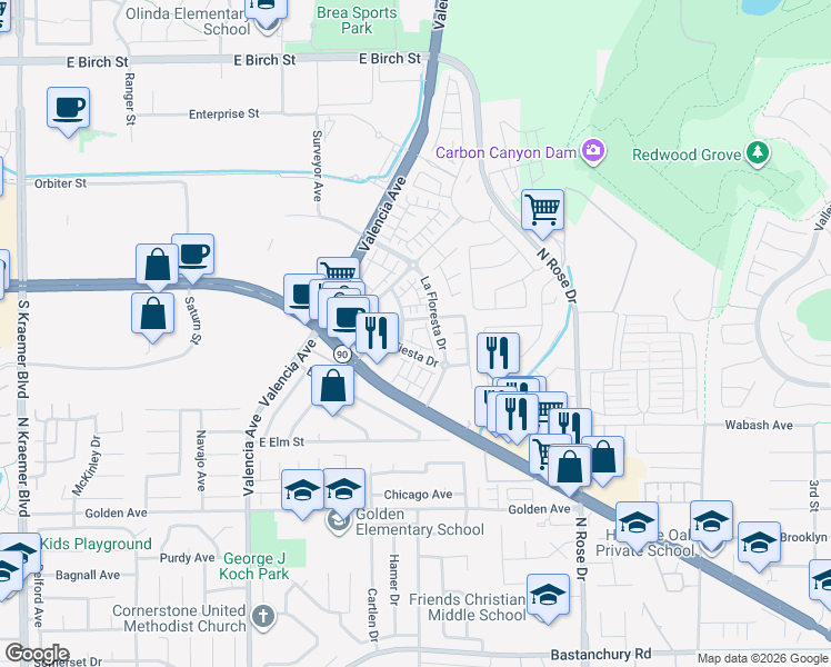 map of restaurants, bars, coffee shops, grocery stores, and more near 3534 La Fiesta Drive in Brea