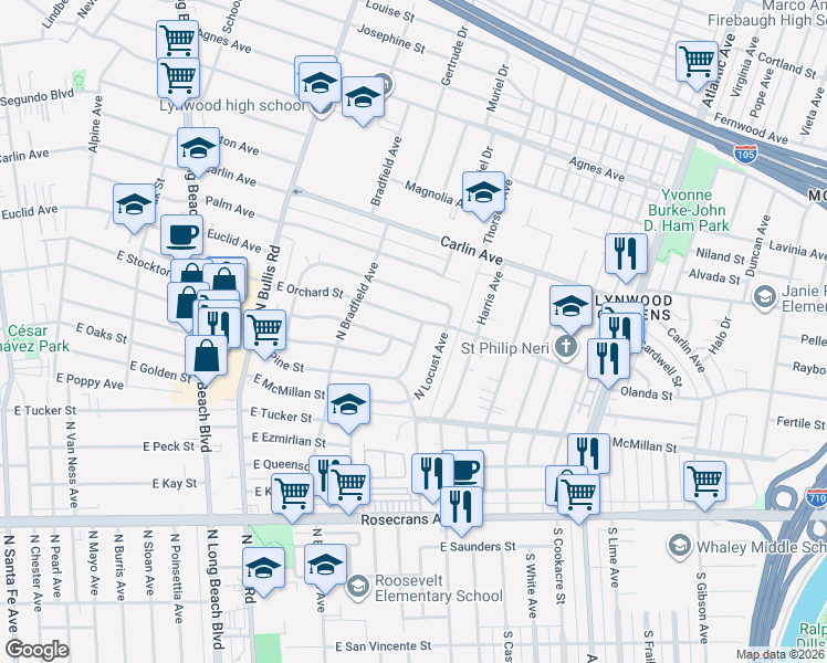 map of restaurants, bars, coffee shops, grocery stores, and more near 2205 North Pannes Avenue in Compton