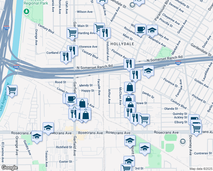 map of restaurants, bars, coffee shops, grocery stores, and more near 13841 Arthur Avenue in Paramount