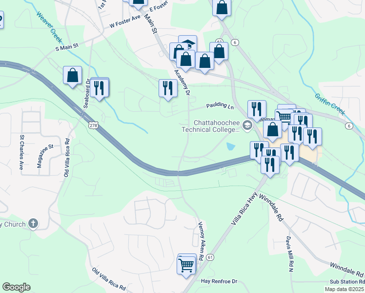 map of restaurants, bars, coffee shops, grocery stores, and more near 343 Academy Drive in Dallas