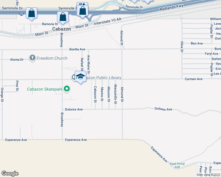 map of restaurants, bars, coffee shops, grocery stores, and more near 14570 Mission Street in Cabazon